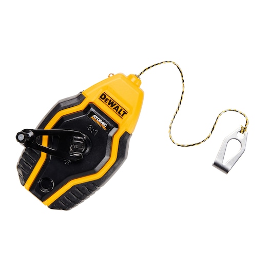 A DEWALT chalk reel with model number DWHT47258L, featuring a yellow and black casing and a metal clip attached to the end of a twisted yellow and black string. The product is used for marking straight lines on flat surfaces in construction or carpentry.