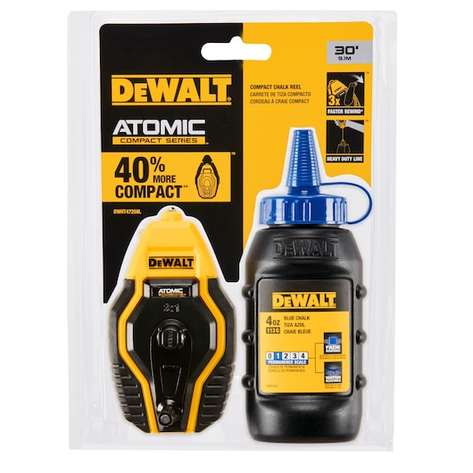 A packaged DEWALT Atomic Compact Series chalk reel set, including a compact chalk reel and a bottle of blue chalk. The packaging highlights features such as being 40% more compact, 30-foot heavy duty line, faster rewind, and water-resistant blue chalk.