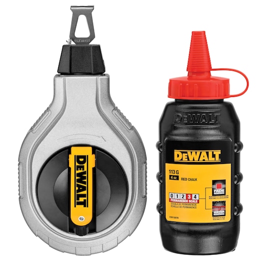 A DEWALT chalk line kit featuring a chalk line reel tool with a yellow DEWALT label, and a black bottle of red chalk with a red nozzle, both used for marking straight lines in construction and carpentry.