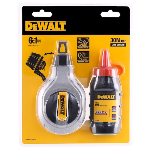 DEWALT DWHT47408-0 chalk reel kit in retail packaging, including a silver and black chalk reel and a bottle of red chalk powder. The packaging highlights a 6:1 gear ratio, 30 meter (100 feet) line length, and durability features.