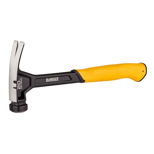 A DEWALT claw hammer with a black and yellow handle and a silver metal head, model DWHT51004, designed for construction or carpentry work.