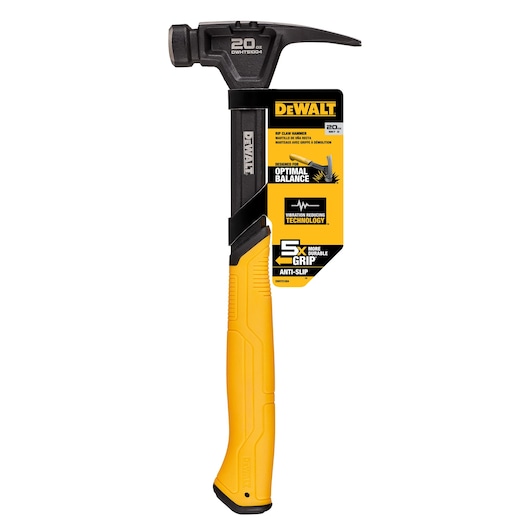 A DEWALT 20 oz rip claw hammer, model DWHT51004, featuring a yellow and black handle with a product tag highlighting its optimal balance, vibration reducing technology, and durable anti-slip grip.