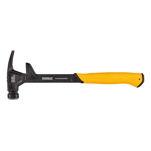 A DEWALT ToughSeries claw hammer with a black metal head and shaft, and a yellow ergonomic handle.
