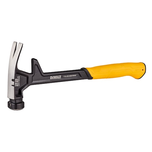 A DEWALT ToughSeries claw hammer with a yellow handle and black shaft, designed for heavy-duty use. The hammer head has a polished metallic finish with a claw for removing nails.