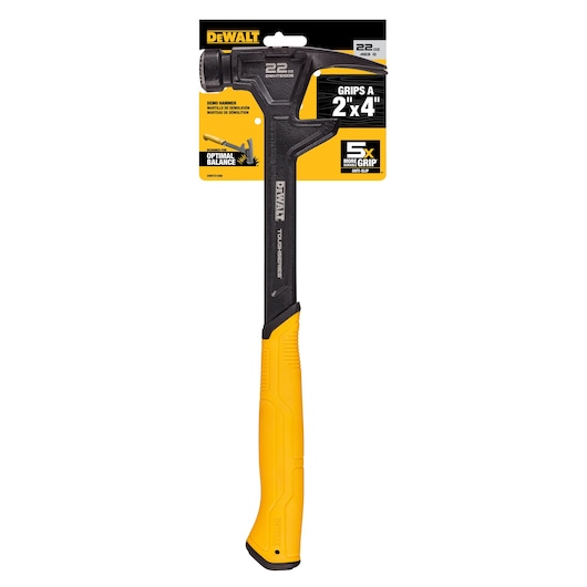 A DEWALT demolition hammer model DWHT51008 with a 22 oz head, featuring a yellow and black handle. The packaging highlights optimal balance, anti-slip grip, and ability to grip a 2x4.