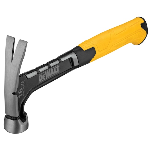 A DEWALT 16 oz claw hammer with a yellow and black handle, featuring a steel head and a textured grip.