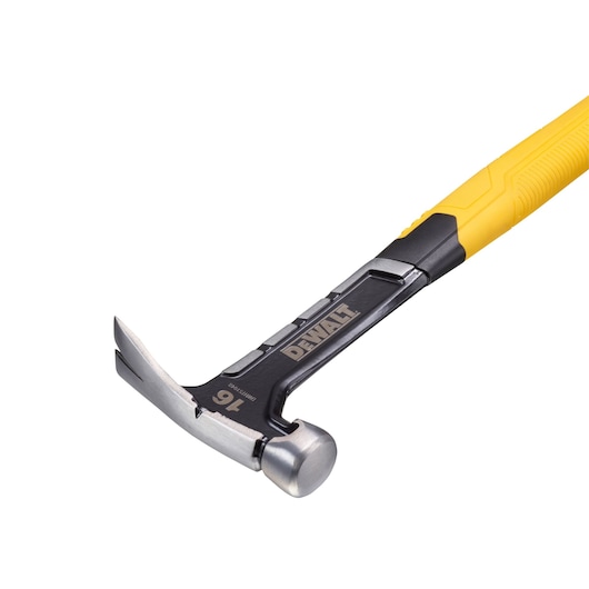 A DEWALT claw hammer with a yellow and black handle and a metal head, shown on a white background.
