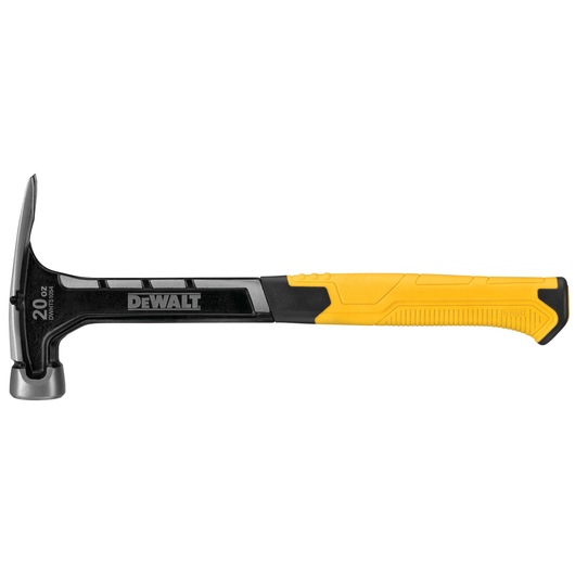 A DEWALT claw hammer with a black and yellow handle, 20 oz weight, shown against a white background.