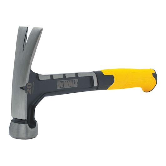 A DEWALT claw hammer with a yellow and black handle and a steel head. The hammer is positioned on a white background.