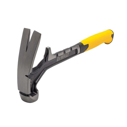 A DEWALT claw hammer with a metal head and a yellow and black ergonomic handle, designed for construction and carpentry tasks.