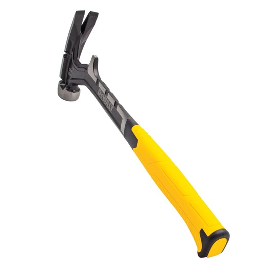 A DEWALT claw hammer with a yellow and black handle, designed for construction and carpentry tasks.