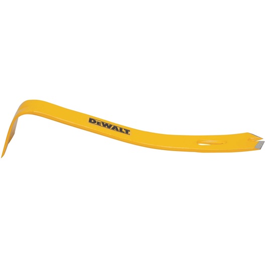 A yellow DEWALT pry bar tool with a curved shape, designed for demolition and removal tasks.