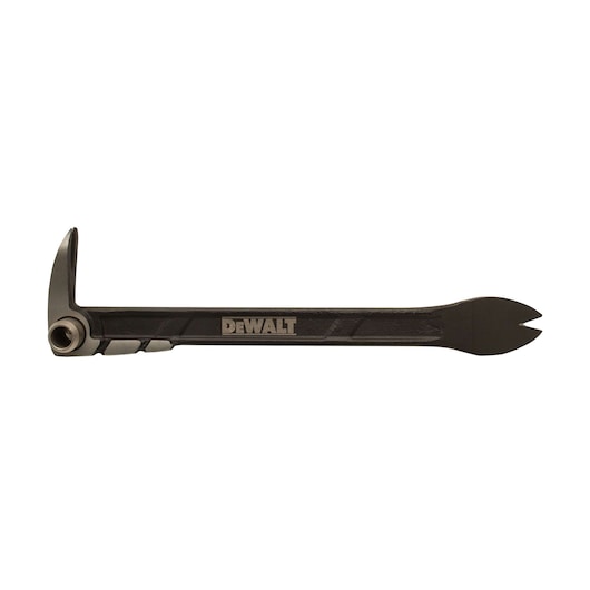 A DEWALT demolition bar, featuring a flat prying end and a curved claw, designed for heavy-duty demolition and prying tasks.