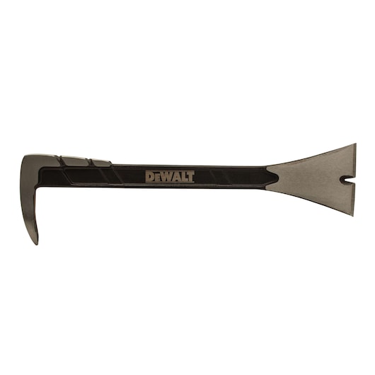 A DEWALT brand demolition bar with a claw on one end and a flat prying blade with a nail slot on the other end, used for construction and demolition tasks.