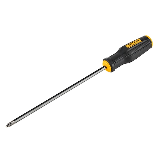 A DEWALT Phillips head screwdriver with a black and yellow ergonomic handle, shown on a white background.