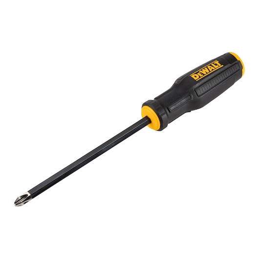 A DEWALT Phillips head screwdriver with a black and yellow handle, shown against a white background.