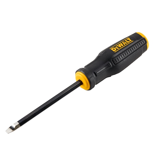 A DEWALT flathead screwdriver with a black and yellow handle and a metal blade, shown against a white background.