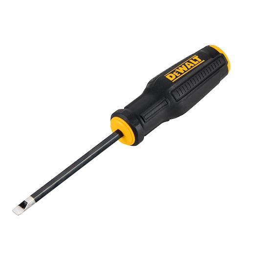 A DEWALT flat head screwdriver with a black and yellow handle and a metal shaft.