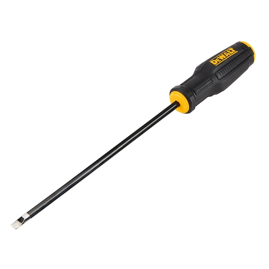 A DEWALT flat head screwdriver with a black and yellow handle and a long metal shaft, shown on a white background.