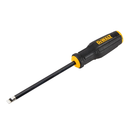 A DEWALT flathead screwdriver with a black and yellow handle and a metal tip.