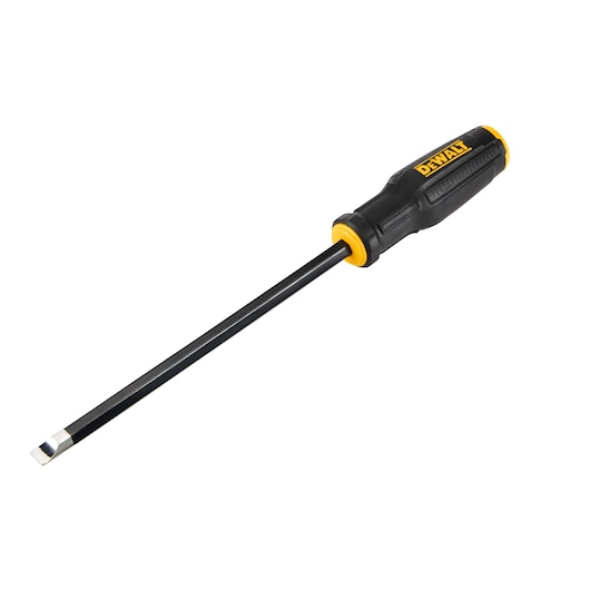 A DEWALT flathead screwdriver with a black and yellow handle and a long metal shaft, shown on a white background.