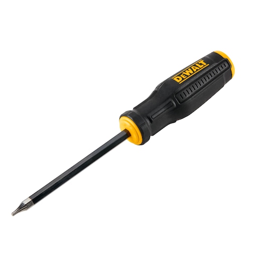 A DEWALT screwdriver with a black and yellow handle and a metal shaft, designed for manual use.