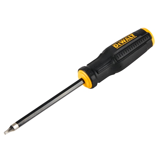 A DEWALT branded screwdriver with a black and yellow handle and a metal shaft. The tip appears to be a star-shaped Torx type.