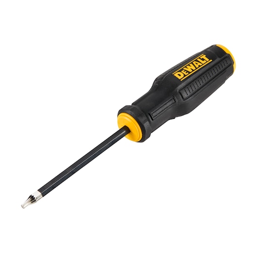 A Dewalt branded screwdriver with a black and yellow handle and a star-shaped tip, shown isolated on a white background.