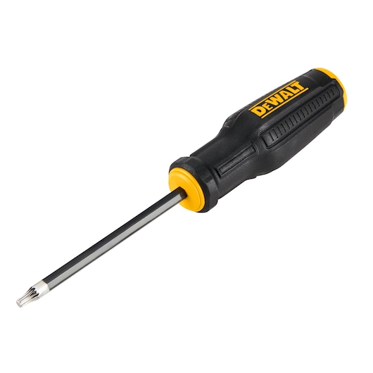 A DEWALT Torx screwdriver with a black and yellow handle and a metal shaft, shown isolated on a white background.