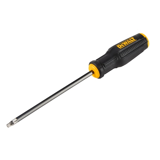 A DEWALT screwdriver with a black and yellow ergonomic handle and a long metal shaft, shown against a white background.