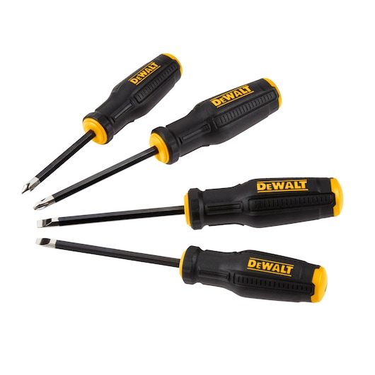 A set of four DEWALT screwdrivers with black and yellow handles, shown on a white background. Two screwdrivers have flat heads and two have Phillips heads.