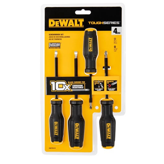 A DEWALT ToughSeries screwdriver set containing four screwdrivers with black and yellow handles, displayed in packaging. The set highlights features such as black chrome for corrosion resistance and magnetic tips.