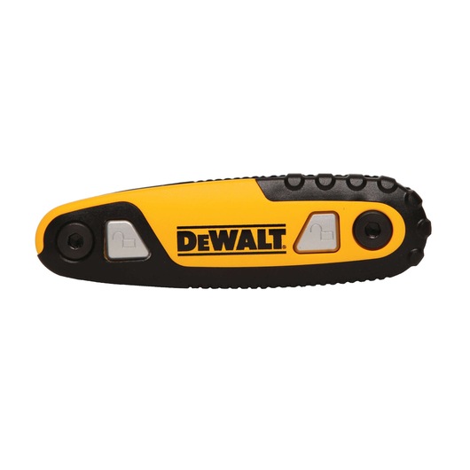 A DEWALT branded hand tool with a yellow and black handle, featuring two silver buttons and textured grip.