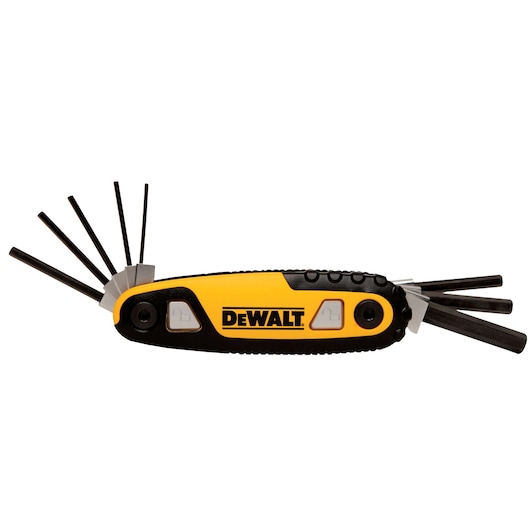 A DEWALT folding hex key set tool with multiple black hex keys extended from both sides, featuring a yellow and black handle with the DEWALT logo.