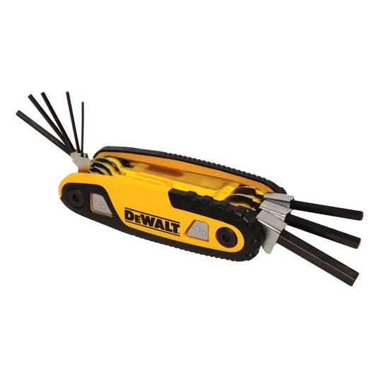 A DEWALT foldable hex key set with multiple black hex keys extended from both sides. The tool features a yellow and black handle with the DEWALT logo.