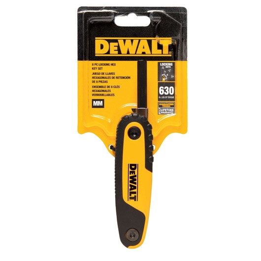 DEWALT 8-piece locking hex key set in yellow and black packaging. The tool and packaging display DEWALT branding and product specifications, including metric keys and lifetime warranty information.