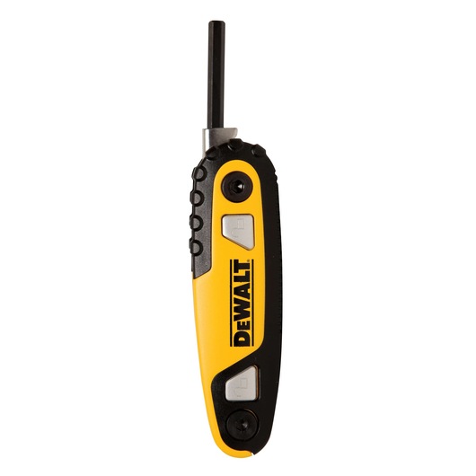 A DEWALT branded folding hex key tool with a yellow and black handle, featuring two metal release buttons and a hex key extended from the top.