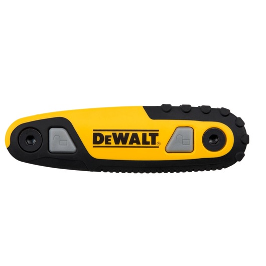 A DEWALT branded folding hex key set featuring a yellow and black handle with two gray locking buttons, designed for use with hex bolts.