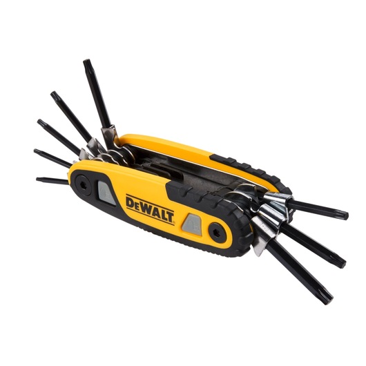 A DEWALT branded folding hex key set with yellow and black handle, showing multiple keys extended on both sides.