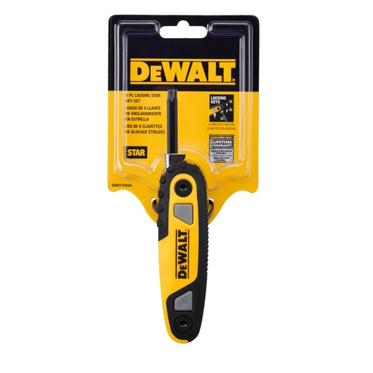 A DEWALT 4-piece locking star key set in its retail packaging. The set features a yellow and black handle with DEWALT branding and is labeled DWHT70264.
