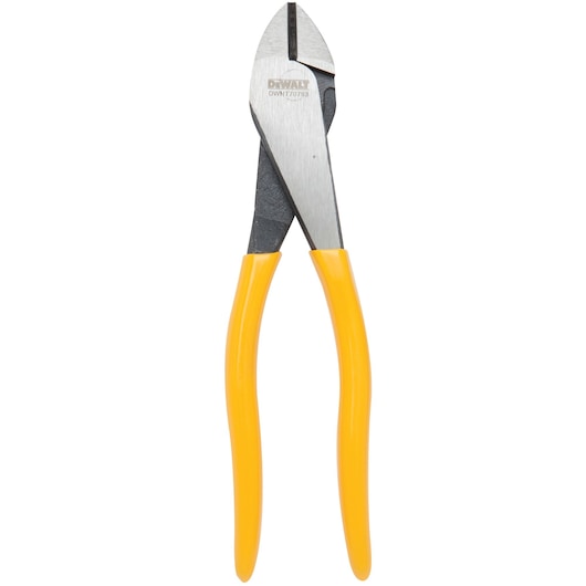 A pair of DEWALT diagonal cutting pliers with yellow handles, model DWHT70793, shown against a white background.