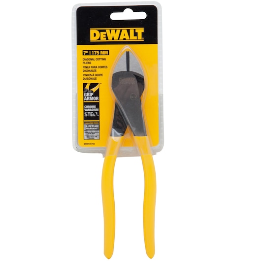 DEWALT 7-inch (175 mm) diagonal cutting pliers in a retail package with yellow handles. The packaging features product details, including grip armor, chrome vanadium steel, and lifetime warranty information.