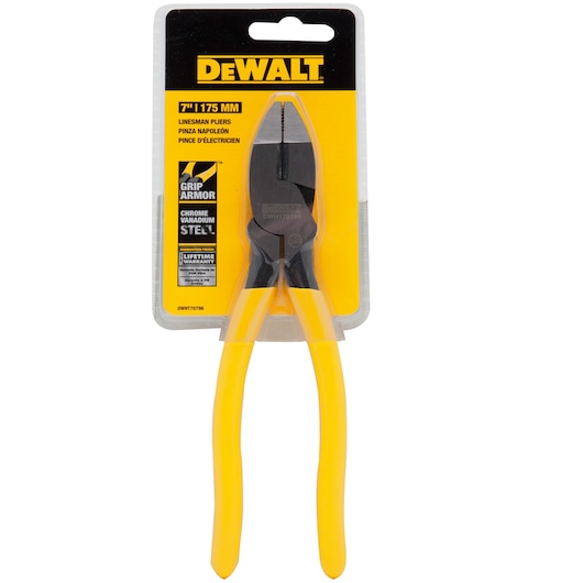 A DEWALT 7-inch (175 mm) linesman pliers in its retail packaging, featuring yellow handles and made of chrome vanadium steel. The package displays product information including Grip Armor technology and lifetime warranty.