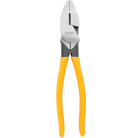 A pair of DEWALT lineman's pliers with yellow handles and a metal jaw, shown against a white background.