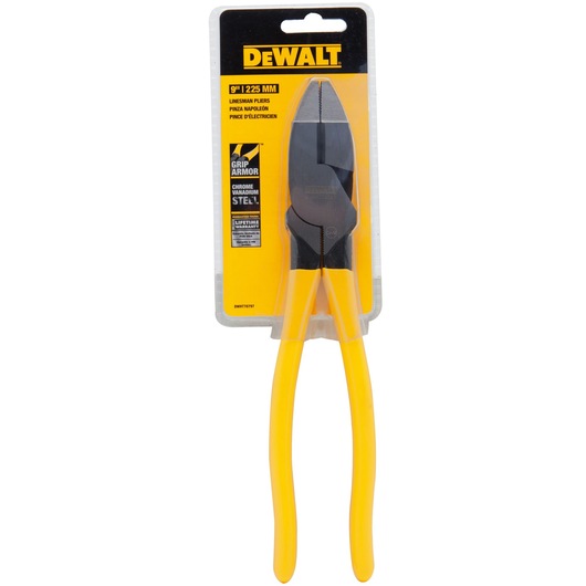 DEWALT 9-inch lineman pliers with yellow handles in retail packaging, model DWHT70797.