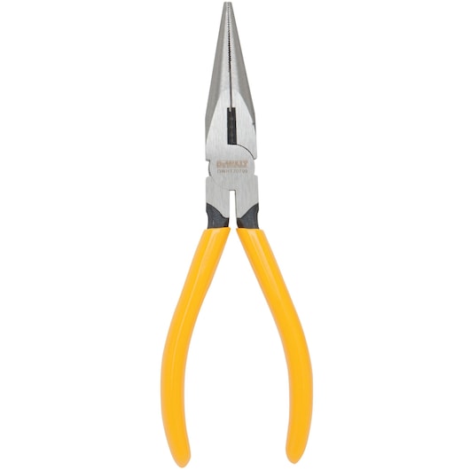 A DEWALT long nose plier with yellow handles, model DWHT70799, shown on a white background.
