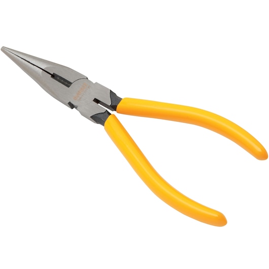 A pair of long nose pliers with yellow insulated handles, shown on a white background.