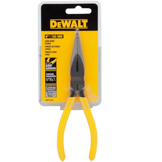 A packaged DEWALT 6-inch (150 mm) long nose pliers with yellow handles, displayed upright on a yellow and black blister card.