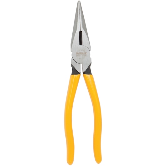 A pair of long nose pliers with yellow handles, branded DEWALT, model DWHT70800, photographed against a white background.
