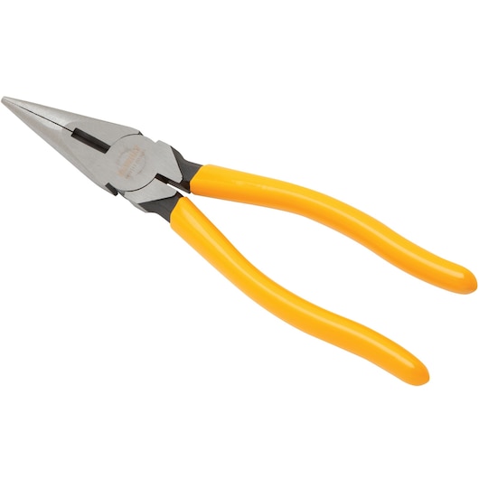 A pair of long nose pliers with yellow handles, designed for gripping, bending, and cutting wire. The tool is shown against a white background.